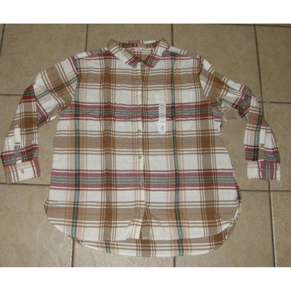 SO Multicolored Plaid Sz XXL Casual Wear Flannel Long Sleeve Button Up Shirt NEW